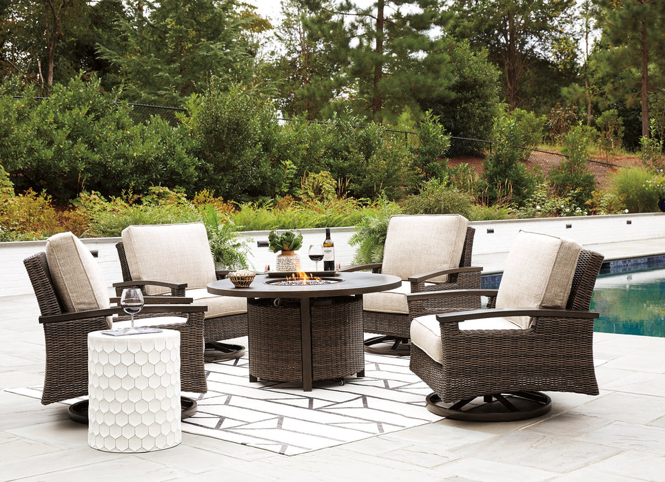 Paradise Trail Paradise Trail Fire Pit Table with 4 Nuvella Swivel Lounge Chairs - Furniture Gallery