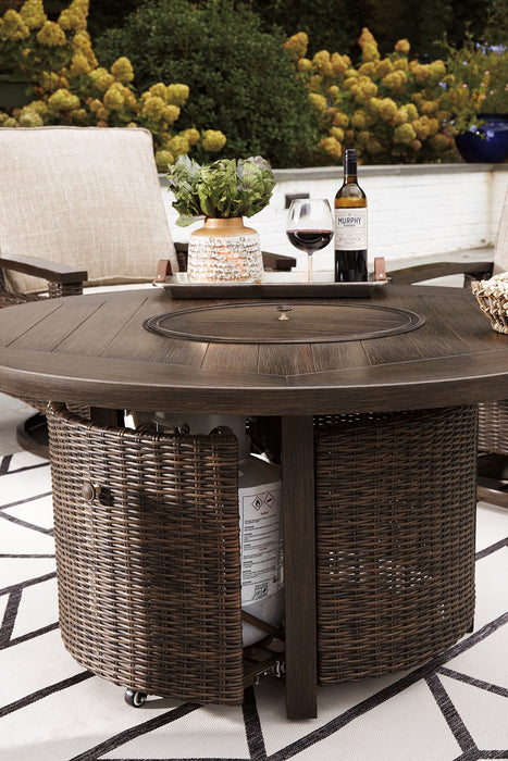 Paradise Trail Paradise Trail Fire Pit Table with 4 Nuvella Swivel Lounge Chairs - Furniture Gallery