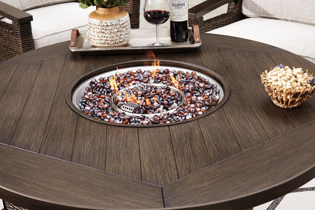 Paradise Trail Paradise Trail Fire Pit Table with 4 Nuvella Swivel Lounge Chairs - Furniture Gallery